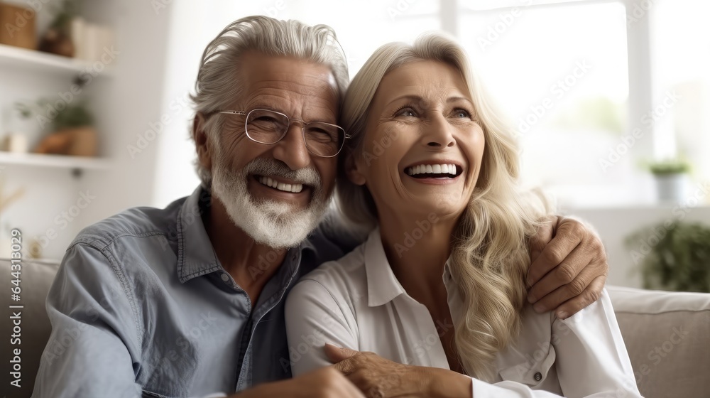 Cheerful senior husband and wife hugging on sofa at home.