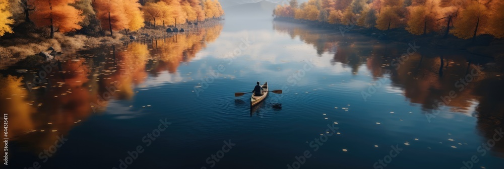 Aerial view person rowing on a calm lake in autumn with serene water around.