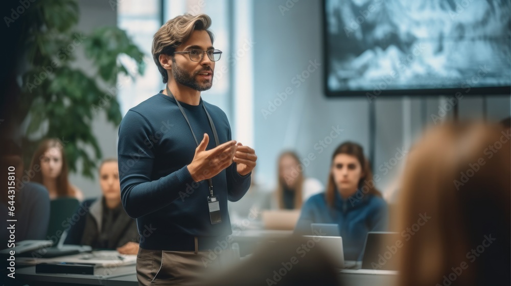 Teacher Giving Computer Science Lecture to Group of Students in a College Room, Projecting Slideshow