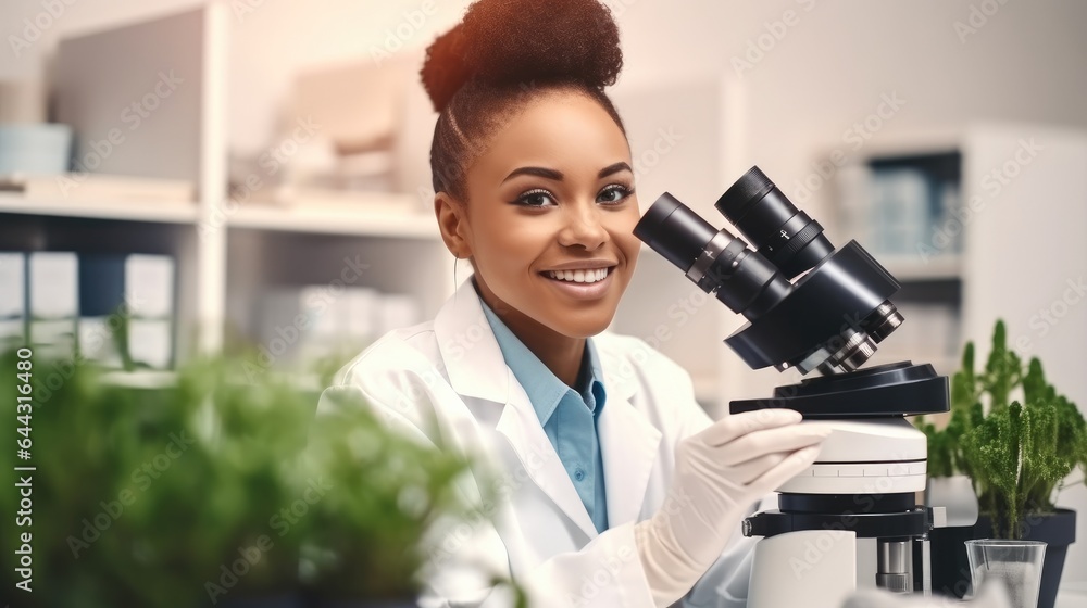 Portrait of Science woman with microscope are research for agriculture at laboratory, Sustainability