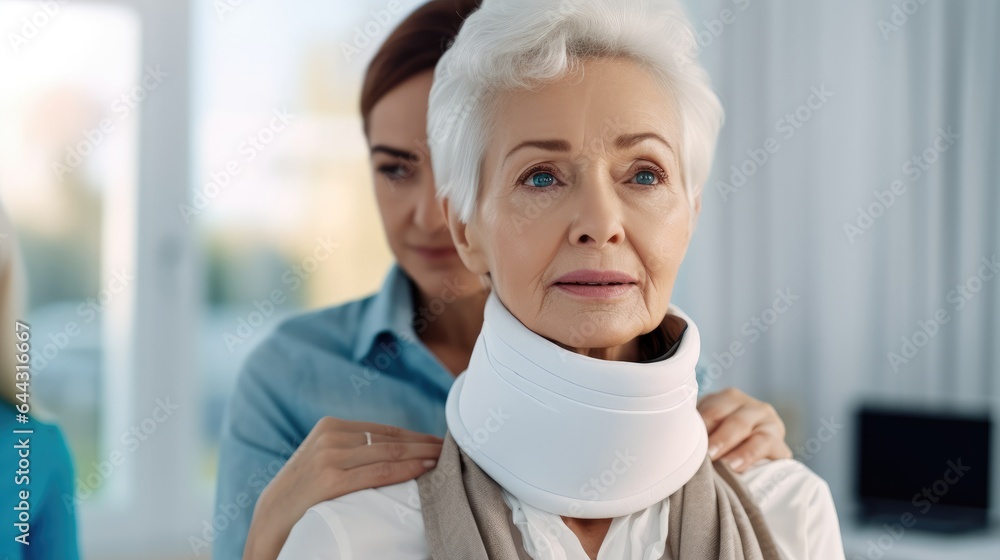 Senior woman and neck brace after injury accident and receive treatment at hospital emergency, Medic