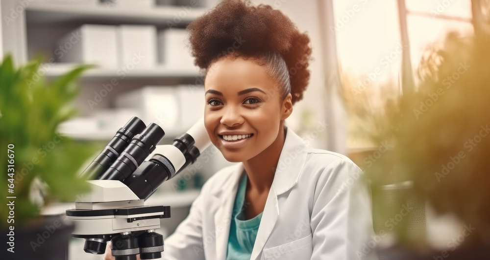 Portrait of Science woman with microscope are research for agriculture at laboratory, Sustainability