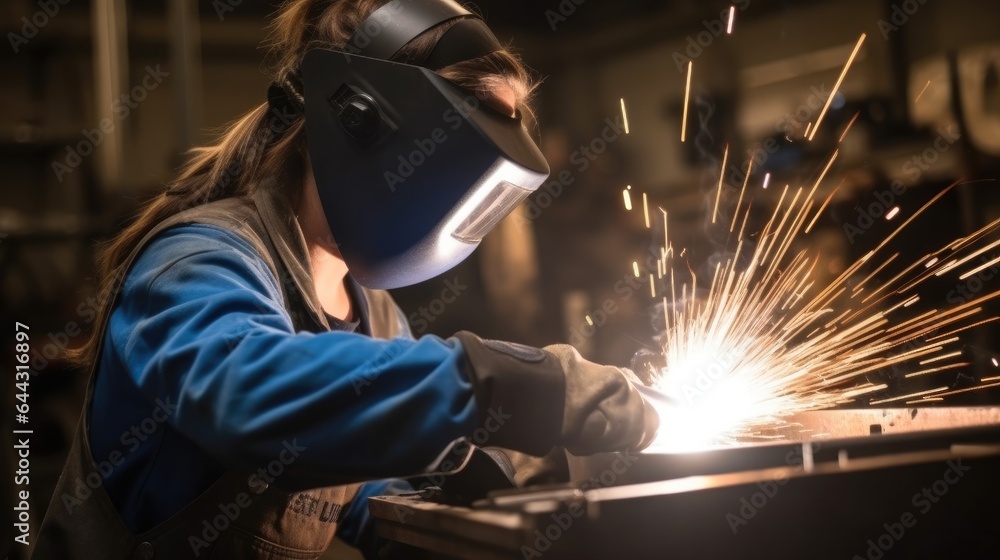 Female welder, Woman in welding helmet working on piece of metal in workshop with sparks flying arou