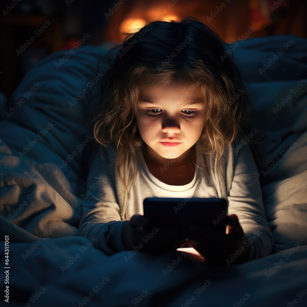 Little girl playing games on mobile phone in his bed.