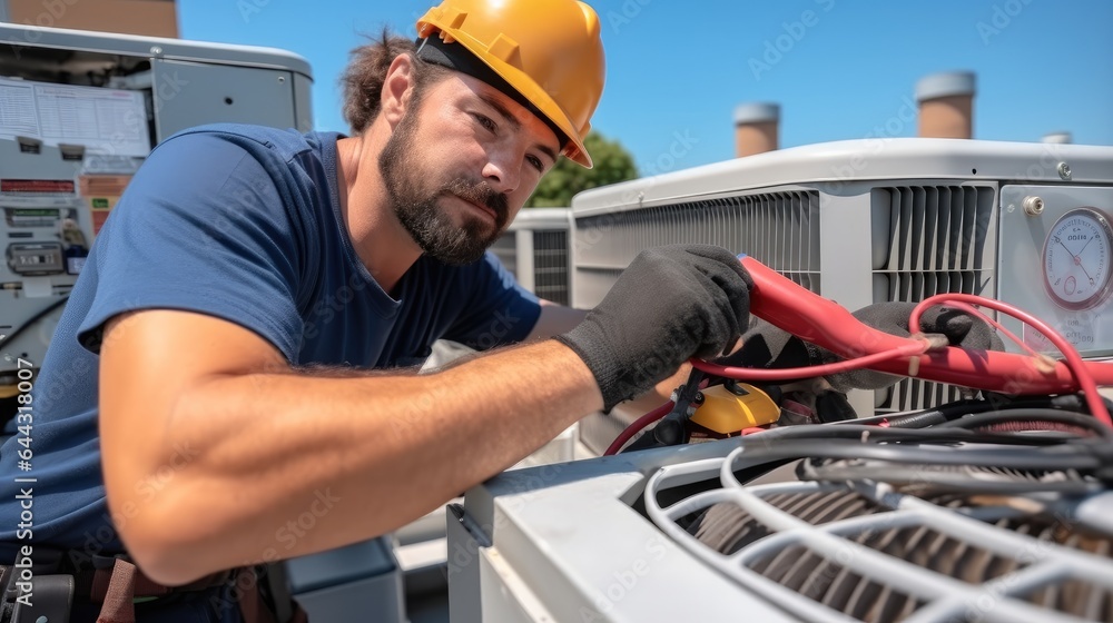 Air conditioner workers service outside unit at home.