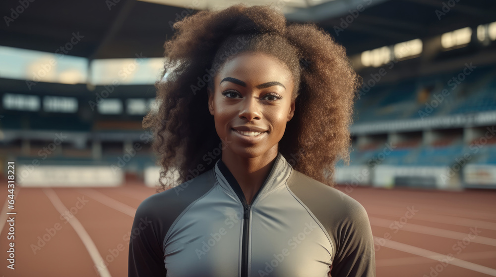 Young African American women in sport shirt are standing on track athletics stadium.