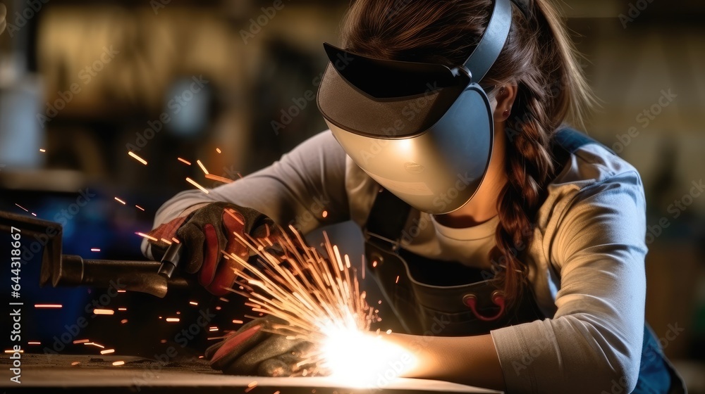 Young woman welding in workshop.