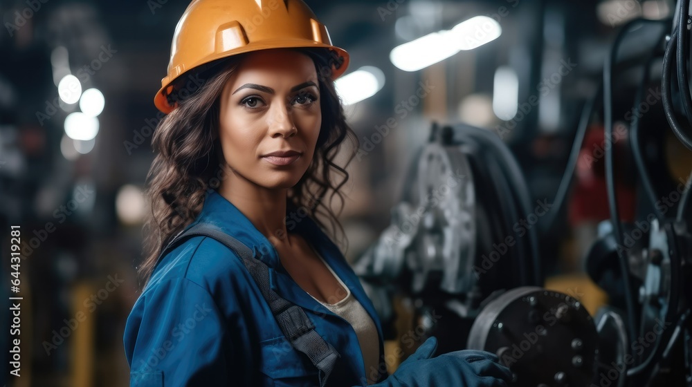 Woman worker working in a factory with heavy machinery around.