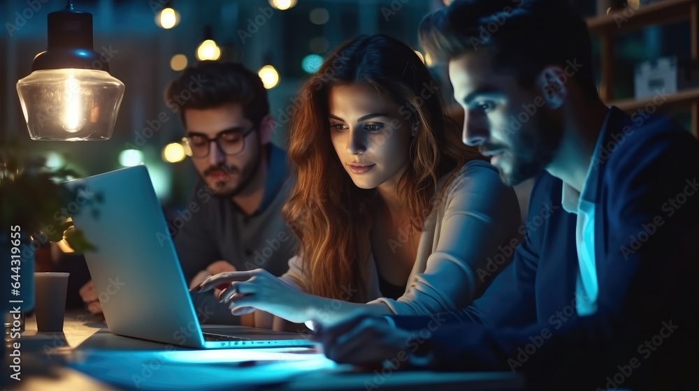 Female and male creative business person working together in modern office interior studio late nigh