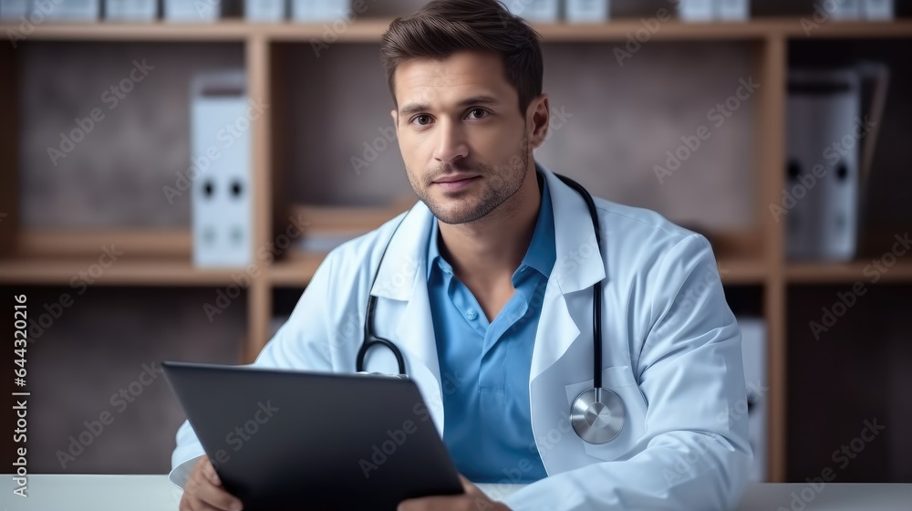 Young male doctor radiologist are working with laptop in the clinic.