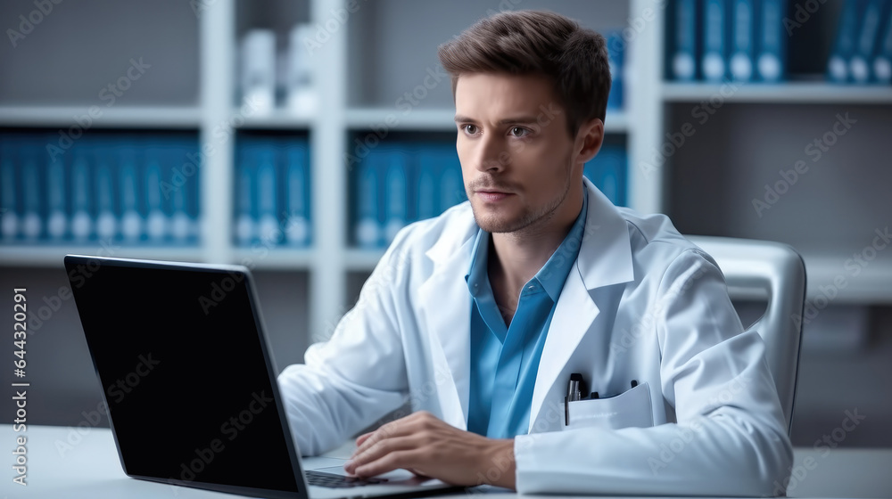 Young male doctor radiologist are working with laptop in the clinic.