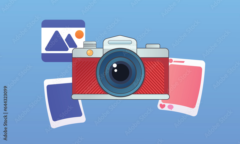 photo frame with colorful cameras, travel and itinerary.on blue background.Vector Design Illustratio