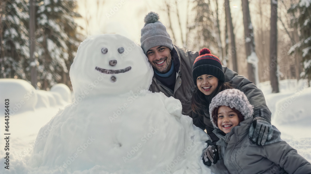 family playing with a snowman. Generative AI