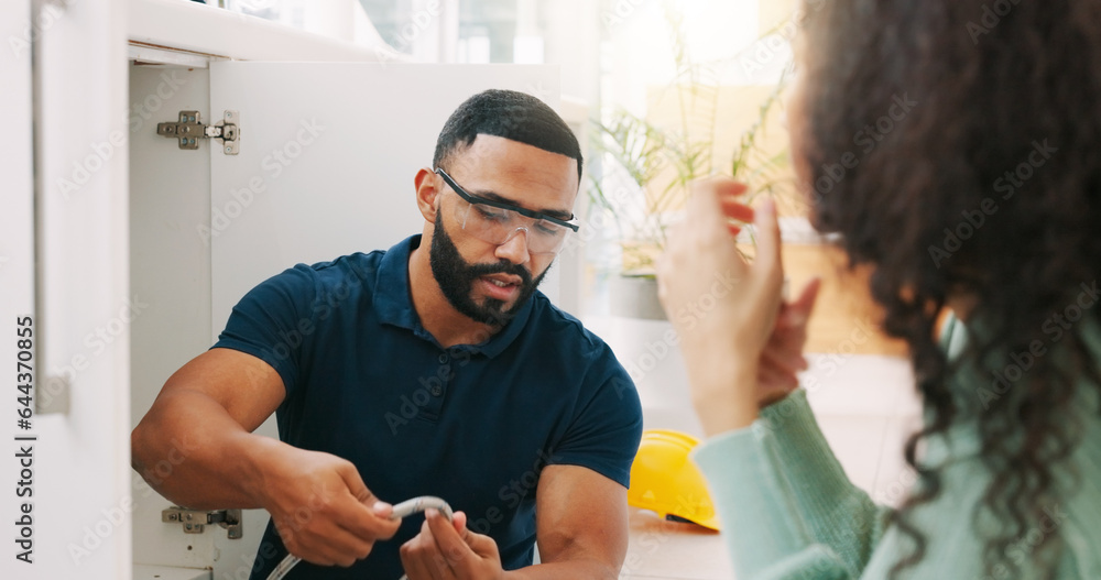 Plumber black man, woman and maintenance talk in kitchen for sink pipe with customer support in home