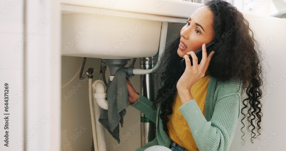 Sink leak, plumbing and woman on a phone call for maintenance, plumber service and home construction