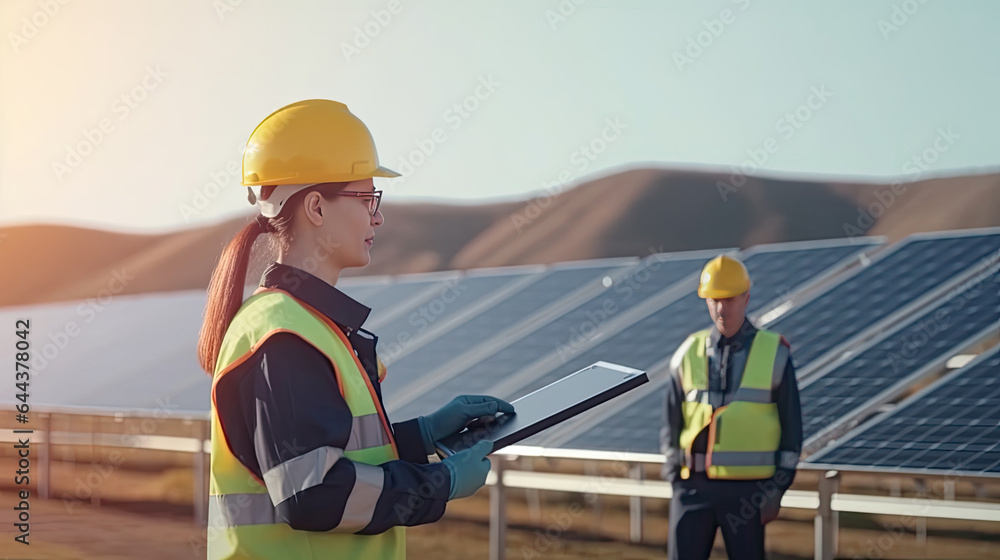 An engineer in uniform holding tablet control solar cell farm. Generative Ai