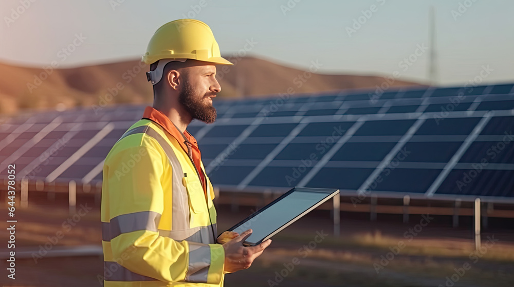 An engineer in uniform holding tablet control solar cell farm. Generative Ai