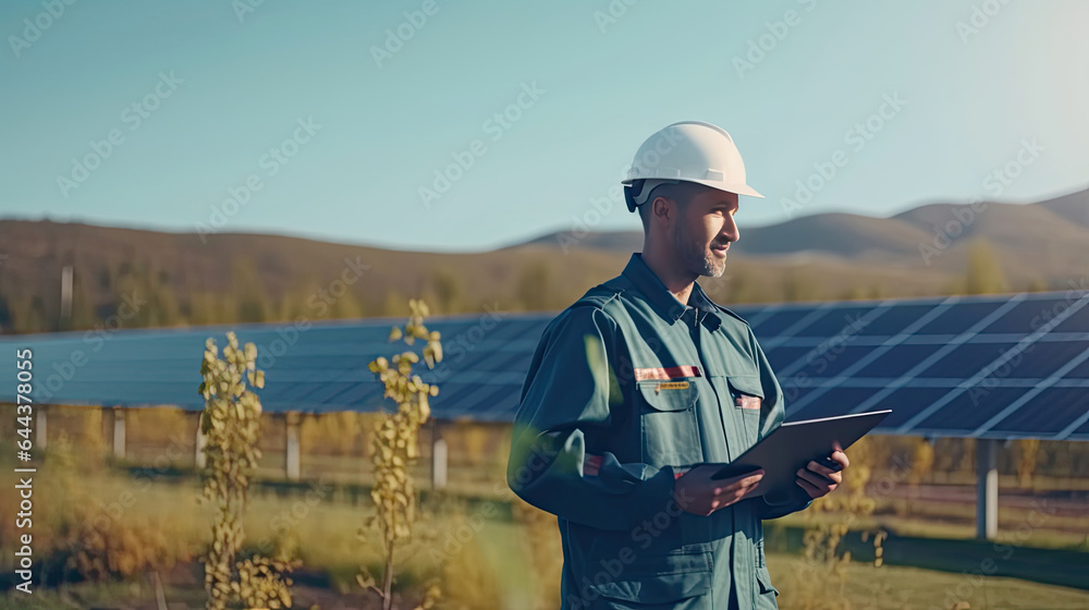 An engineer in uniform holding tablet control solar cell farm. Generative Ai