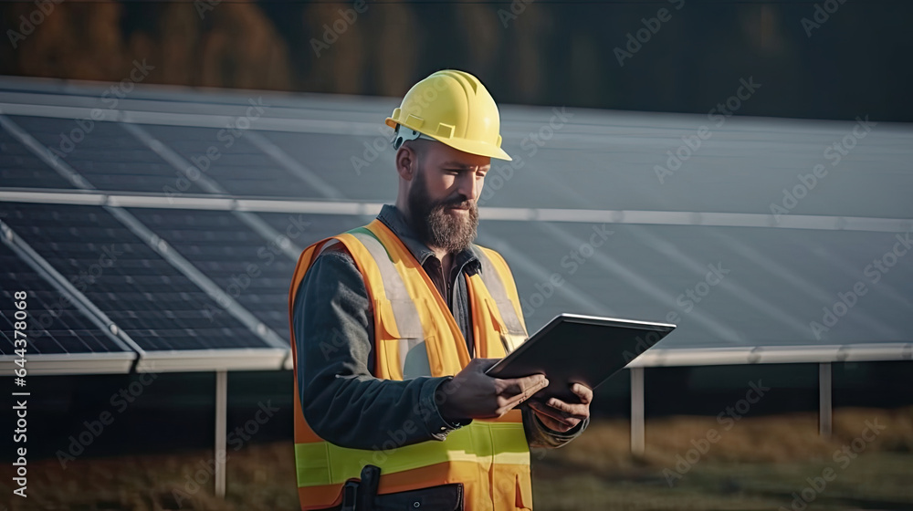 An engineer in uniform holding tablet control solar cell farm. Generative Ai