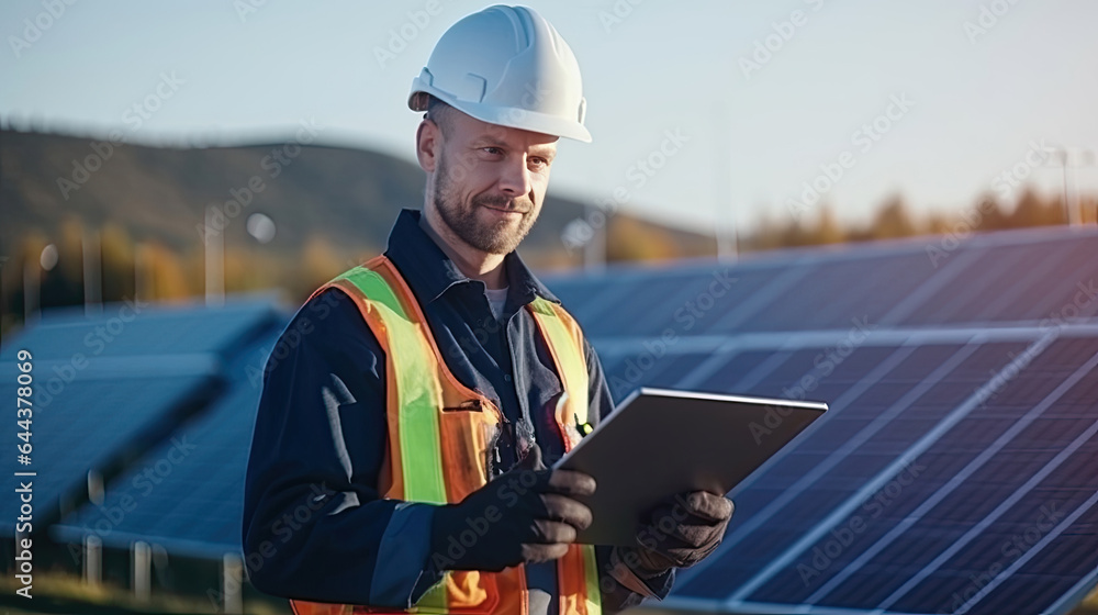 An engineer in uniform holding tablet control solar cell farm. Generative Ai