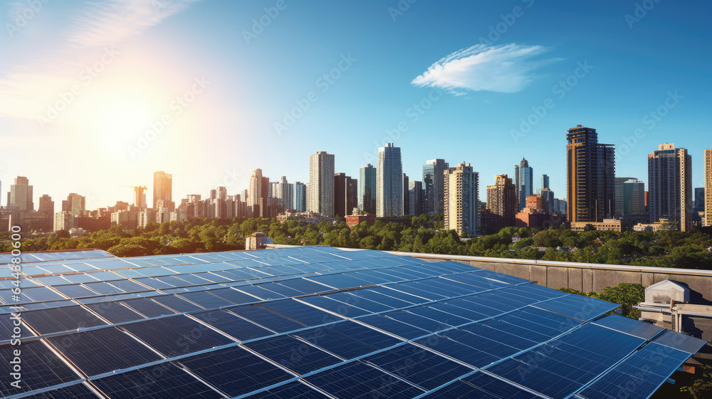 Clean energy, Solar panels with a city skyline in background, showcasing the integration of renewabl