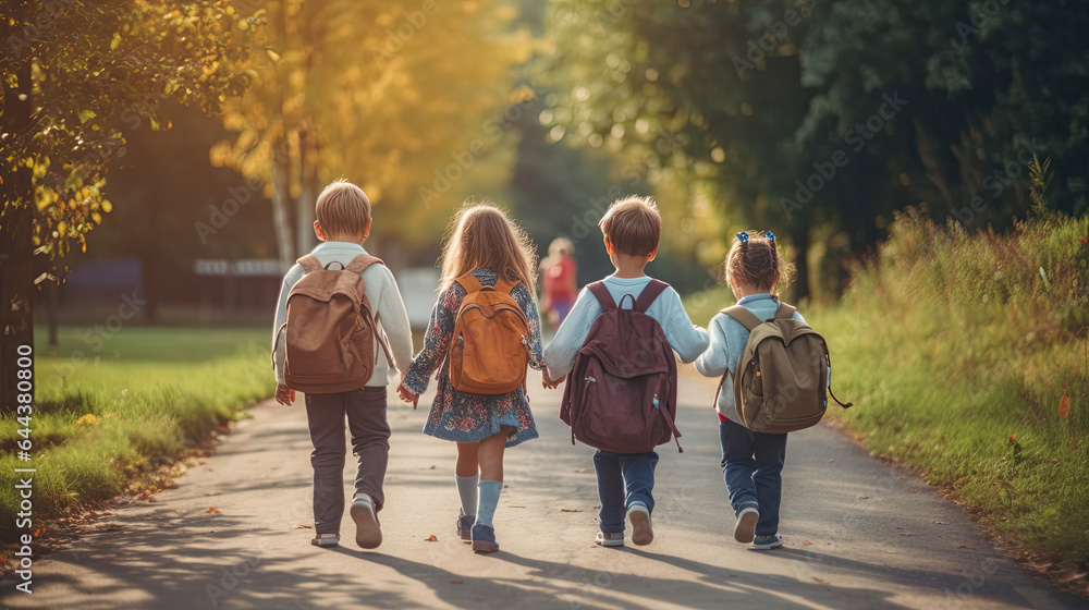 Group of Funny young children walking together in friendship,  On their first day of school, back to