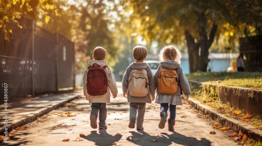 Group of Funny young children walking together in friendship,  On their first day of school, back to