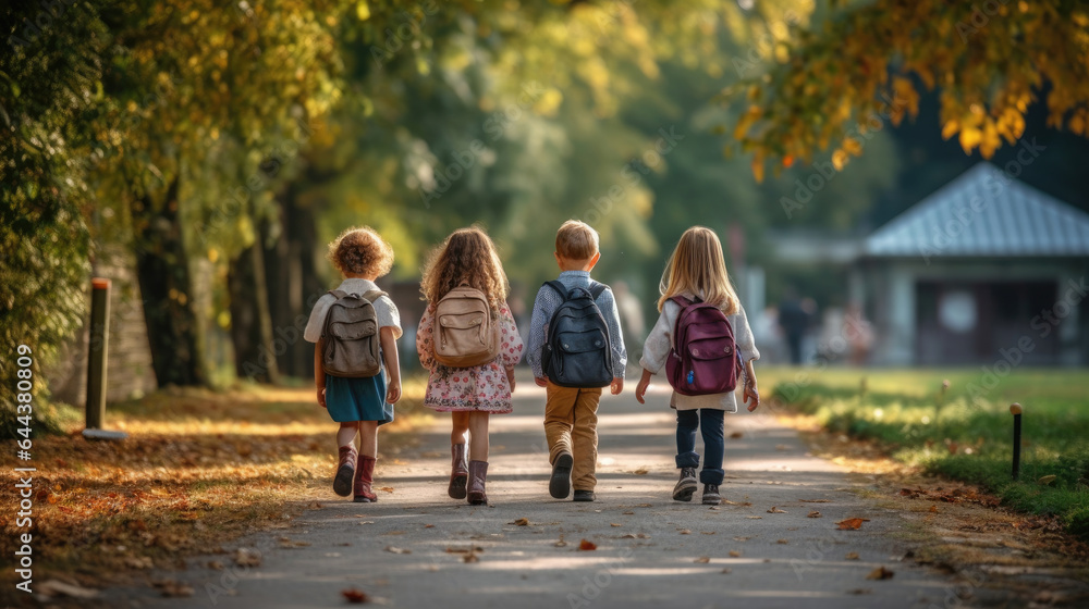 Group of Funny young children walking together in friendship,  On their first day of school, back to