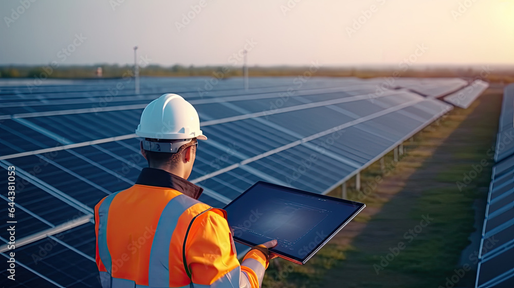 Top view of An engineer in uniform holding tablet control solar cell farm. Generative Ai