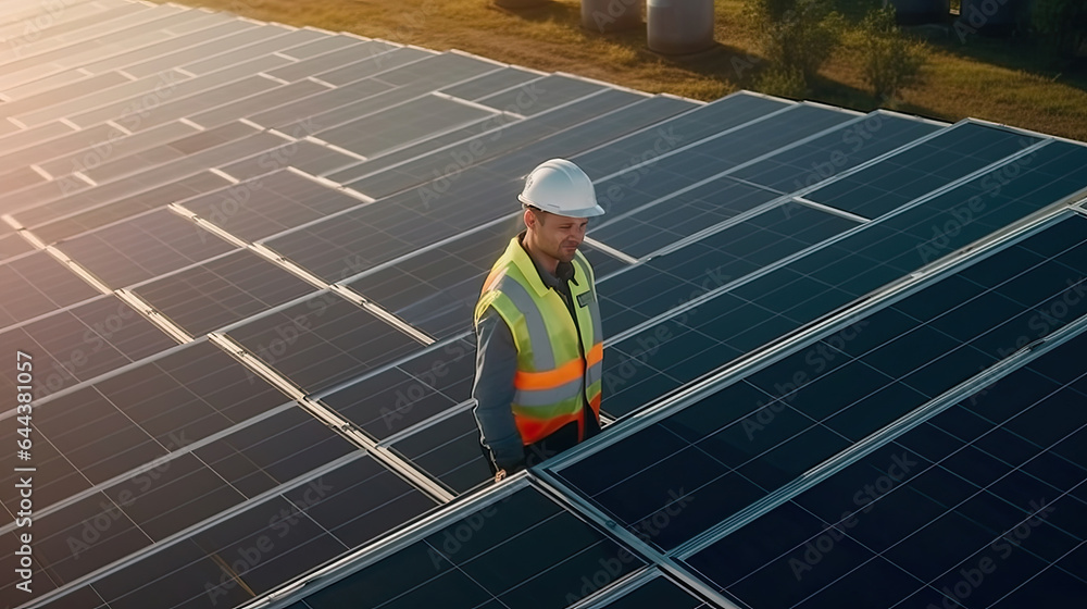 Top view of An engineer in uniform holding tablet control solar cell farm. Generative Ai