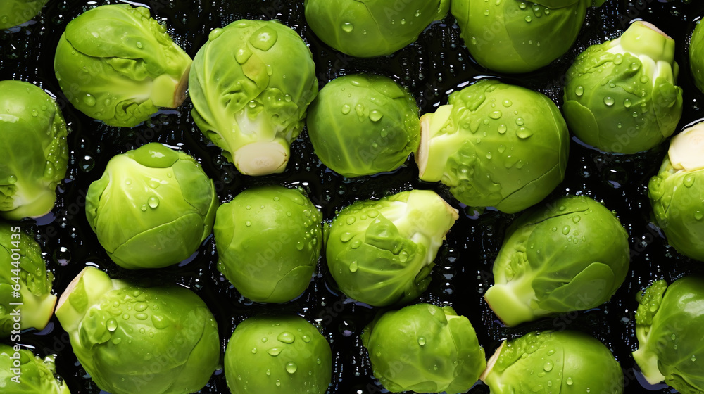 Fresh green brussels sprouts with water drops background. Vegetables backdrop. Generative AI