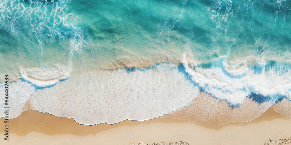 Top view oncoast with ocean waves. Blue water background. Summer seascape from air. Generative AI