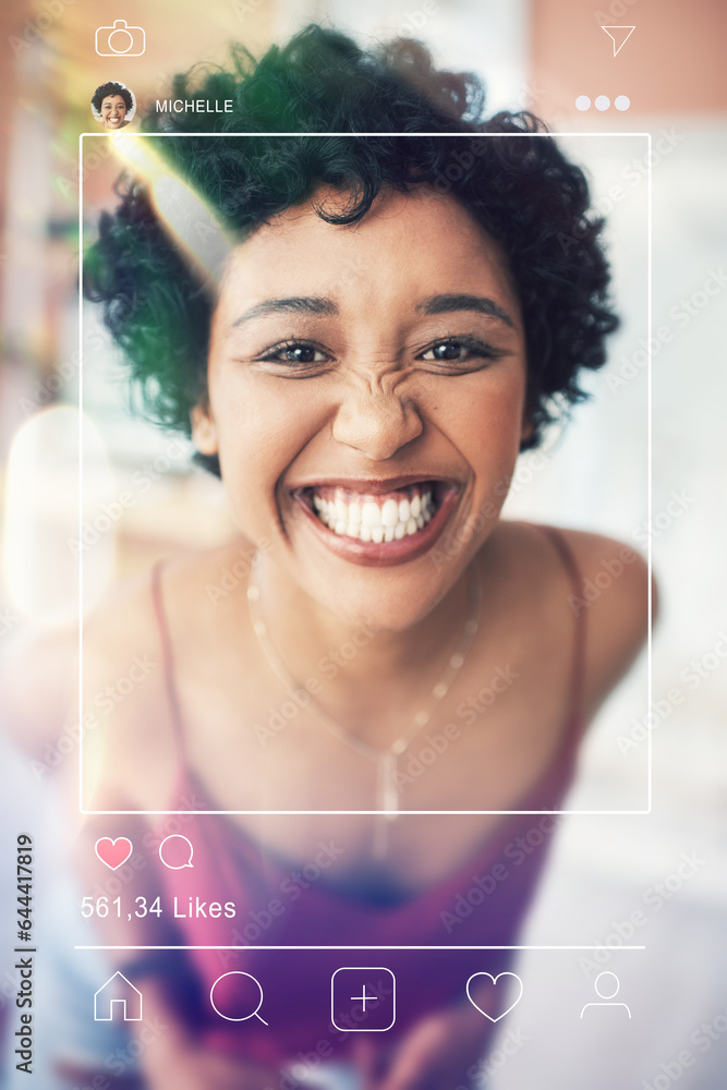 Photo post, woman portrait and social media app overlay of influencer face and photography for web. 