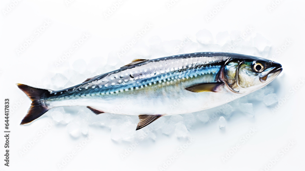 Fresh mackerel fish (Scomber scrombrus) on ice. Seafood background. Generative AI