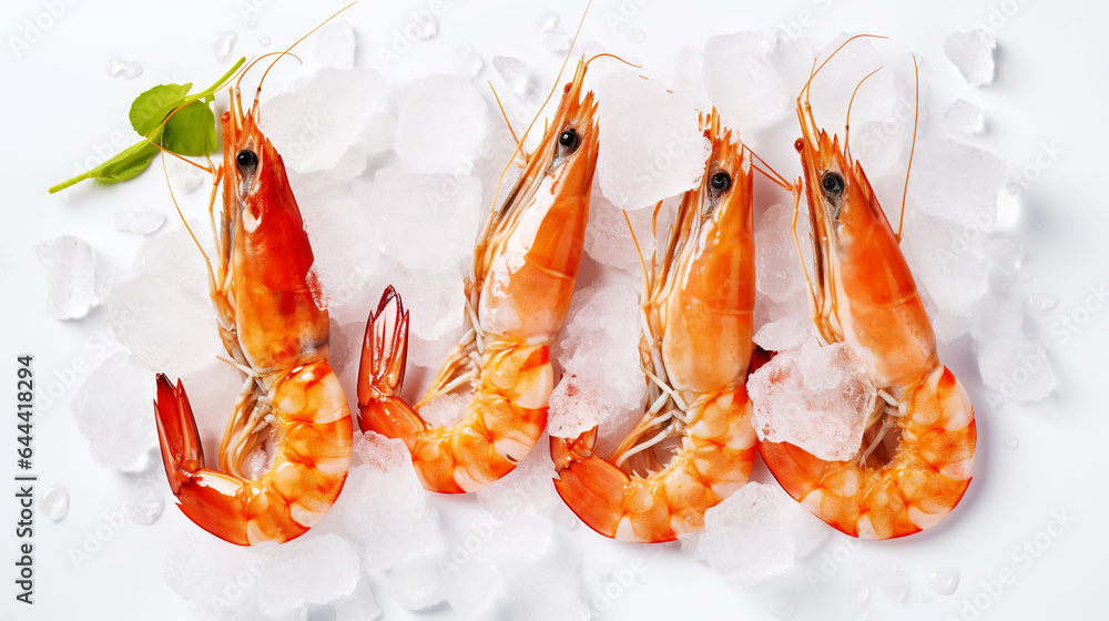 Top view of raw whole king prawns on ice. Seafood background. Generative AI