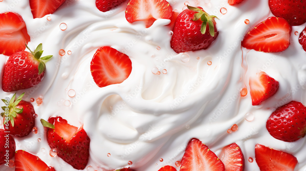 Yogurt and fresh strawberries, background. Top view. Generative AI