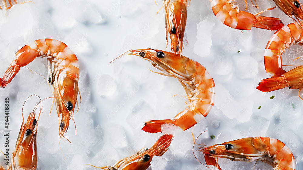 Top view of raw whole shrimps on ice. Seafood background. Generative AI