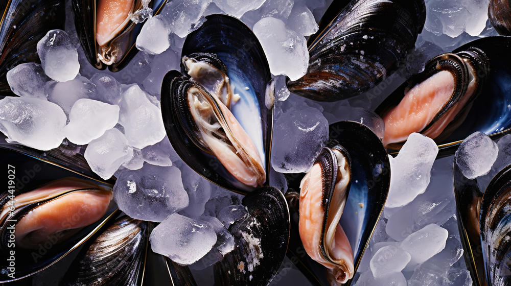 Raw Mussels on ice in the restaurant . Fresh seafood shellfish background. Generative AI