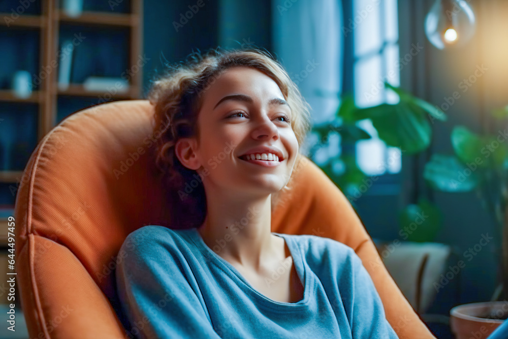 Smiling millennial Caucasian woman sit relax in cozy armchair in living room. Happy young female res