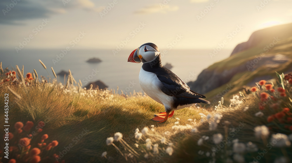 A Puffin, Heimaey coast, South Iceland. Generative Ai