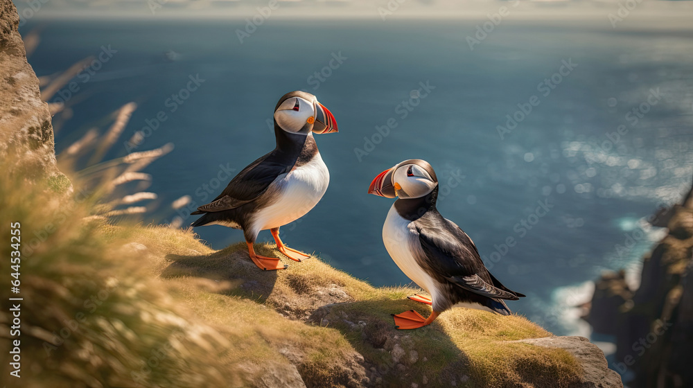 A pair of puffins sitting on a cliff together. Heimaey coast, Iceland. Generative Ai