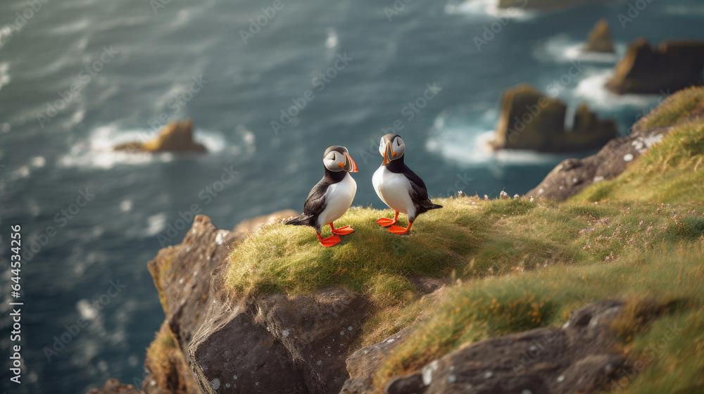 A pair of puffins sitting on a cliff together. Heimaey coast, Iceland. Generative Ai