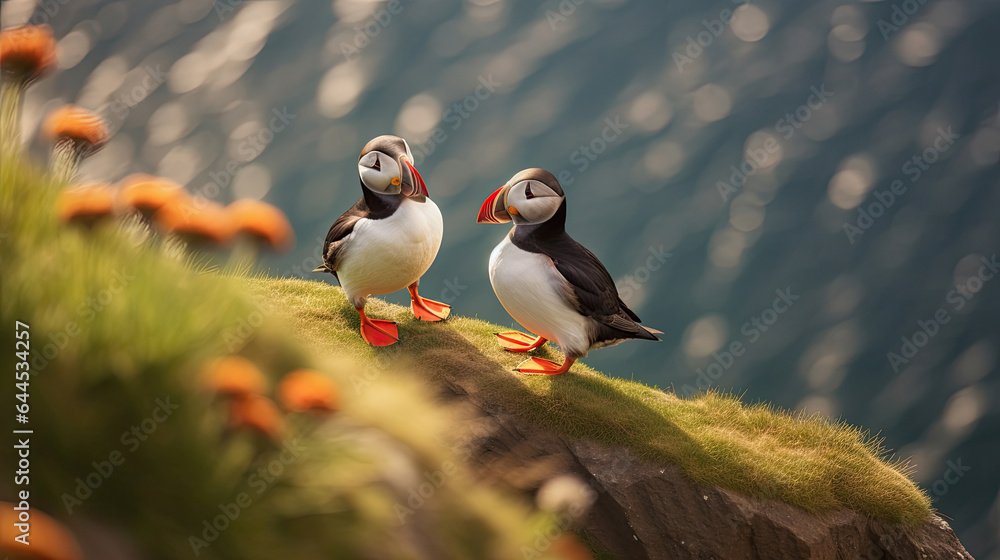 A pair of puffins sitting on a cliff together. Heimaey coast, Iceland. Generative Ai