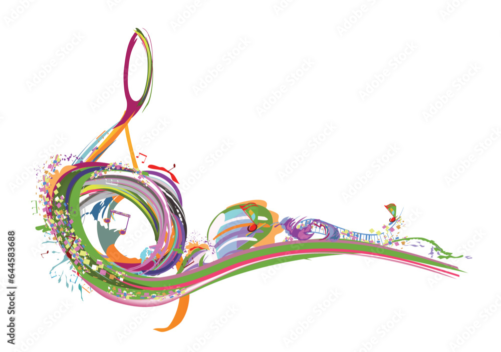 Abstract musical design with a treble clef and colorful splashes, notes and waves.  Colorful treble 