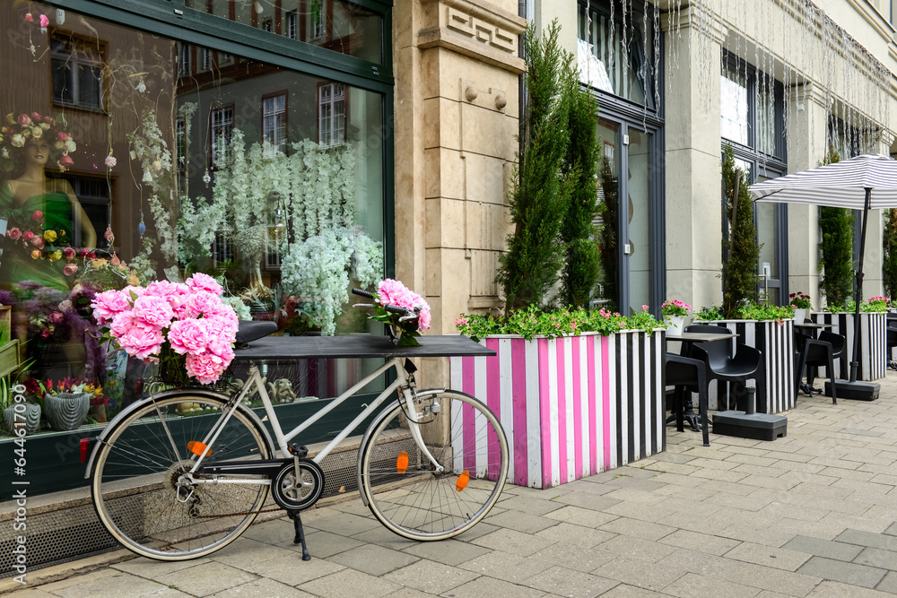 New stylish bicycle with peonies flowers near building on city street