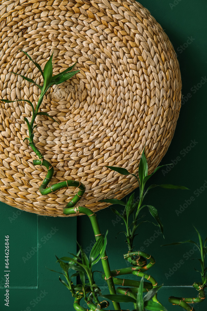 Bamboo stems and wicker pouf against color wall, closeup