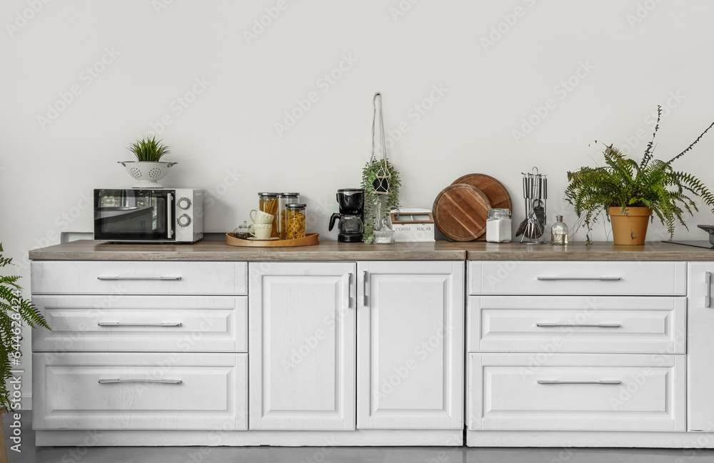 Interior of modern kitchen with white counters and houseplants