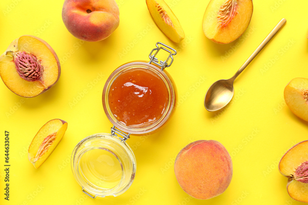 Composition with jar of sweet peach jam and fresh fruits on yellow background