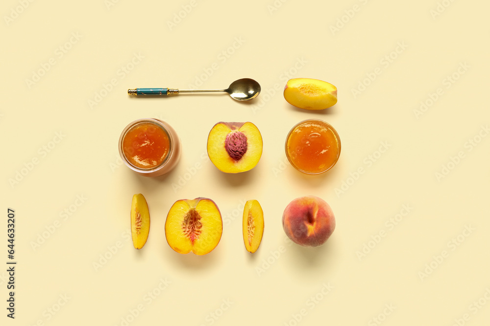 Composition with tasty peach jam and fresh fruits on color background