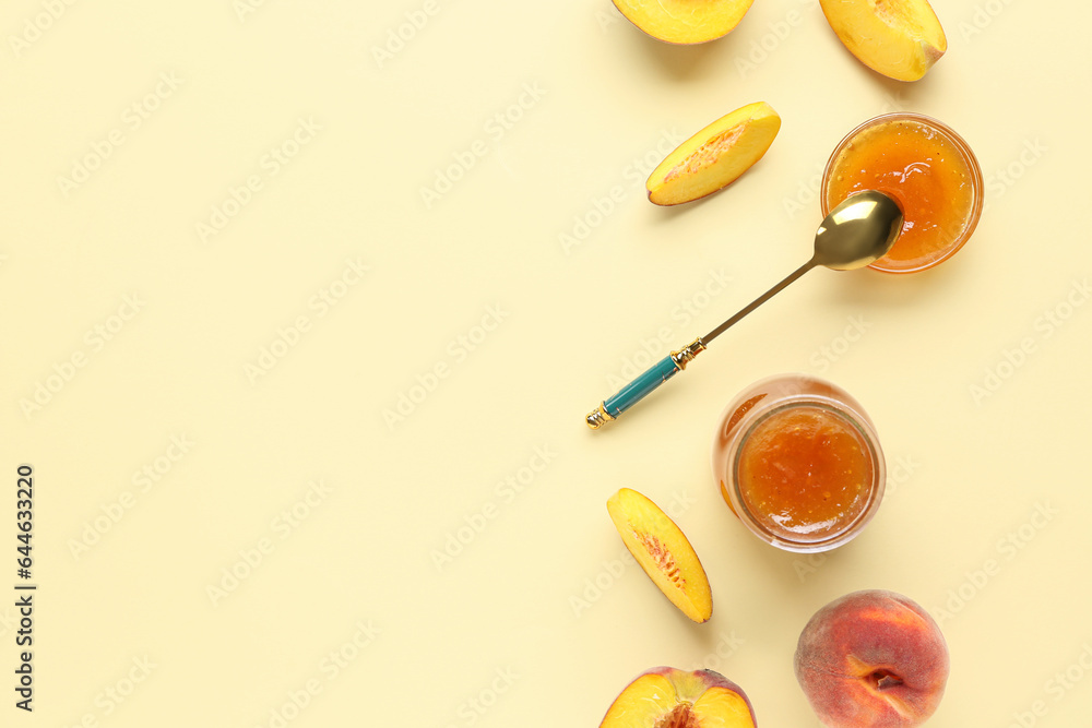 Composition with tasty peach jam and fresh fruits on color background